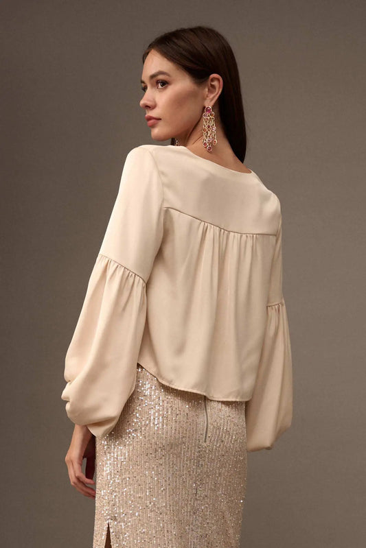 Touch of Silk Matte Satin Lace-Up Peasant Top