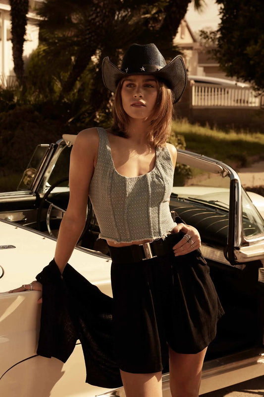 Blue Skies Jacquard Denim Cropped Corset Tank Top