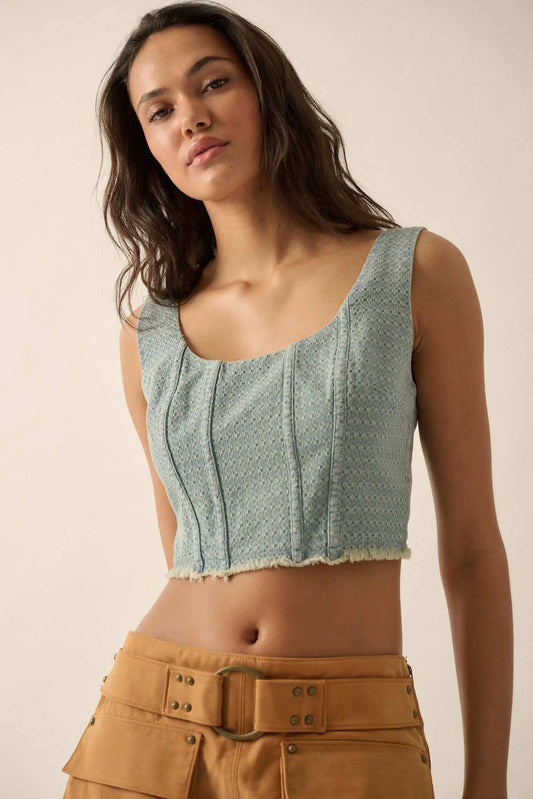 True Blue Jacquard Denim Cropped Corset Tank Top - ShopPromesa