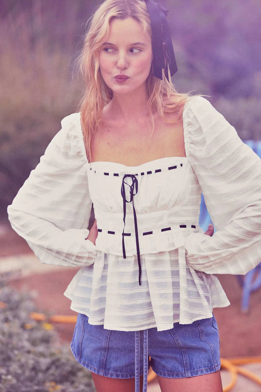 Sweet Infatuation Striped Ribbon-Trim Peasant Top