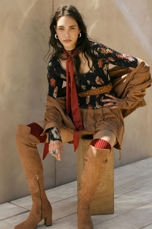 Heirloom Blooms Floral Mesh Smocked Corset Top