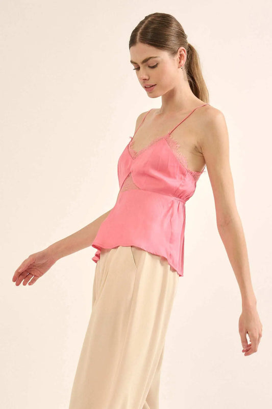 Feeling Pretty Satin and Lace Keyhole Cami Top