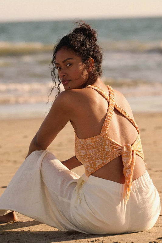 Sunset Blooms Smocked Floral Tie-Back Crop Top