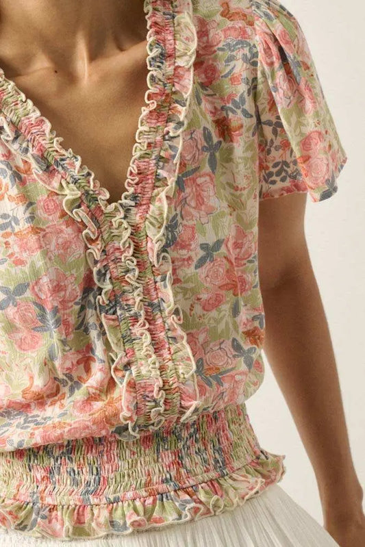 Watercolor Daydream Ruffled Floral Crepe Blouse