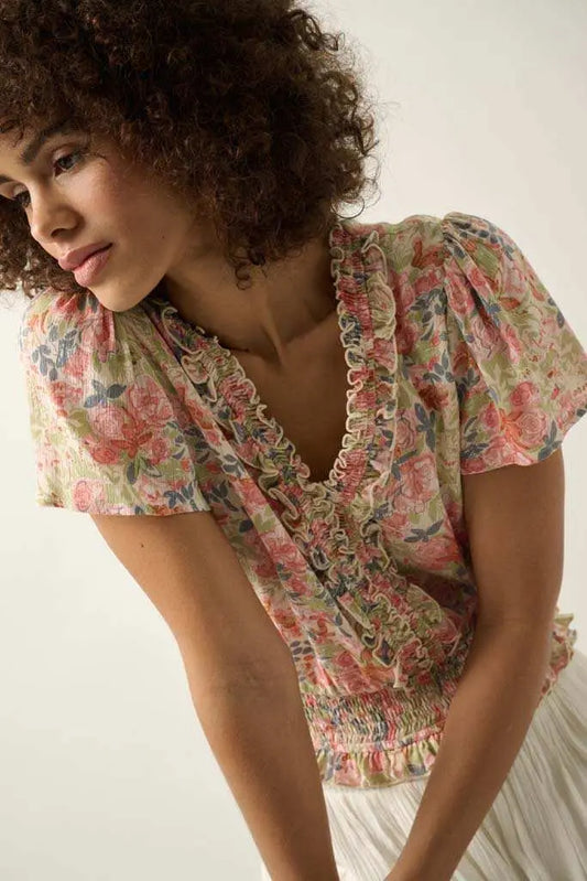 Watercolor Daydream Ruffled Floral Crepe Blouse