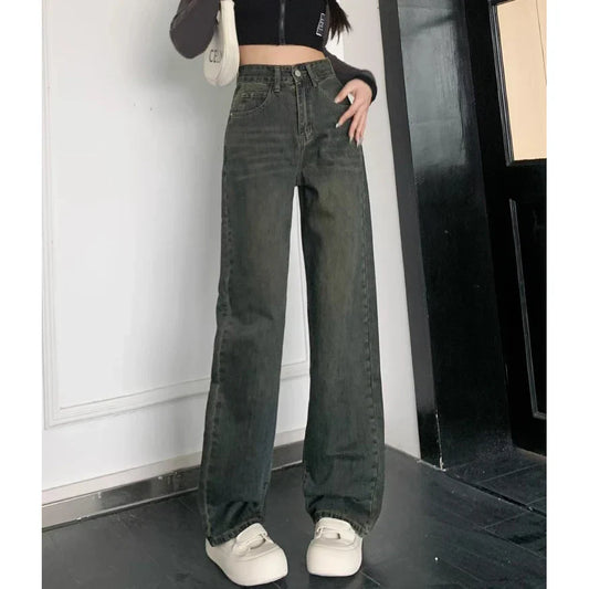 Female 2025 New Spring Cement Grey High Waist Thin Small Wide-Legged Trousers Jeans