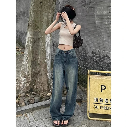 Female 2025 New Spring Cement Grey High Waist Thin Small Wide-Legged Trousers Jeans