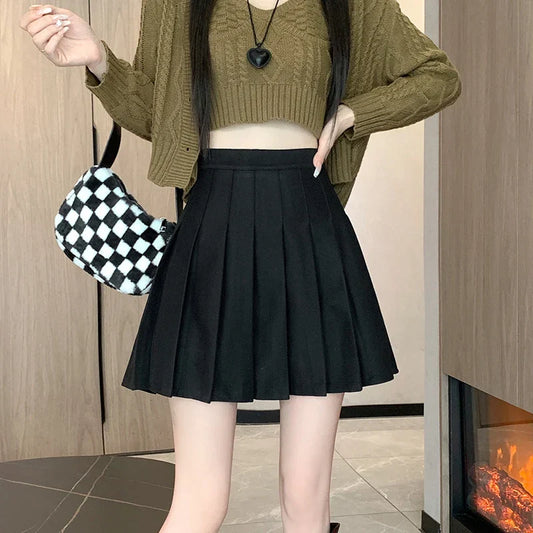 FashionSierra - New Korean Preppy Style Mini Pleated Women 2025 New High Waist Woolen Autumn Winter Casual Wool Skirt