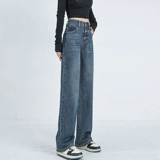 Women Waist Thin Loose Straight Large Size Retro Wide-Legged Dragging Jeans