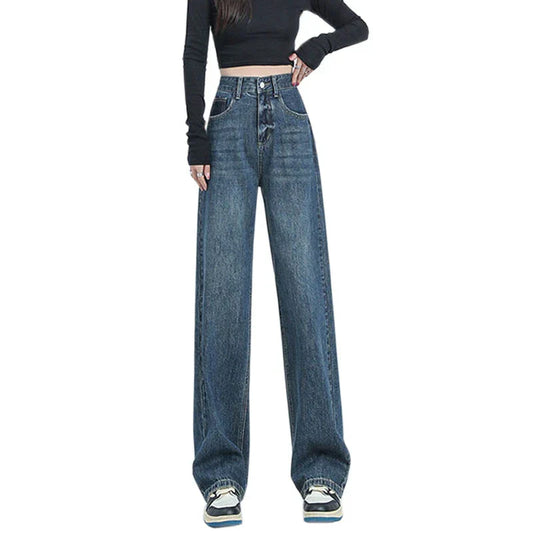 Women Waist Thin Loose Straight Large Size Retro Wide-Legged Dragging Jeans