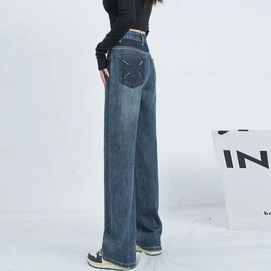 Women Waist Thin Loose Straight Large Size Retro Wide-Legged Dragging Jeans