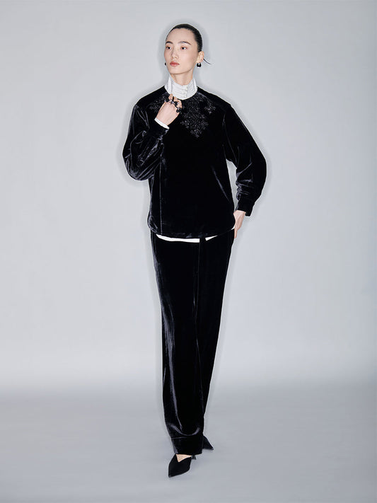 M essential Mackay designer Indian silk embroidered silhouette velvet top pant set- buck.