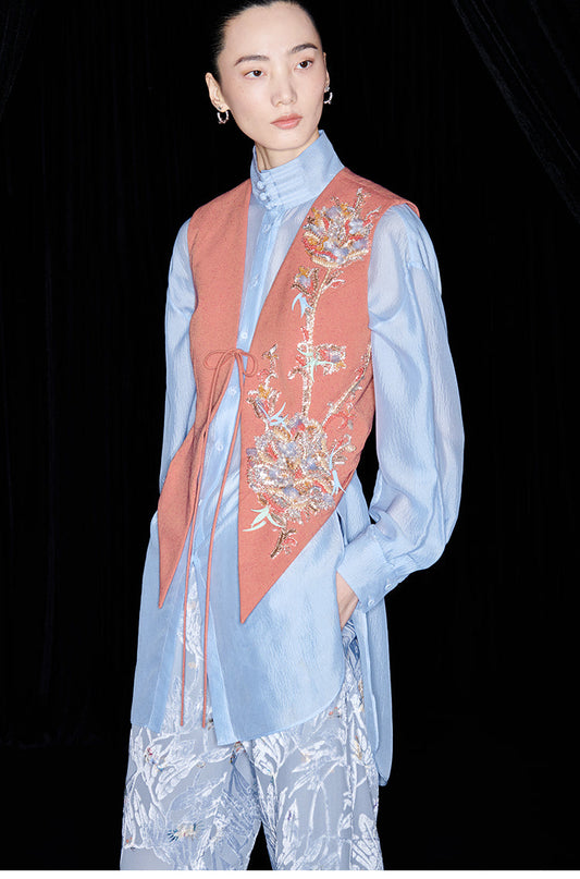 M essential Mackay designer pleated stand-up collar button-down shirt vest pant set - Sunny Hill