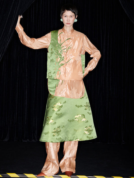 M essential Mackay's designer orchid puffer gilet shirt skirt Pant set - three.