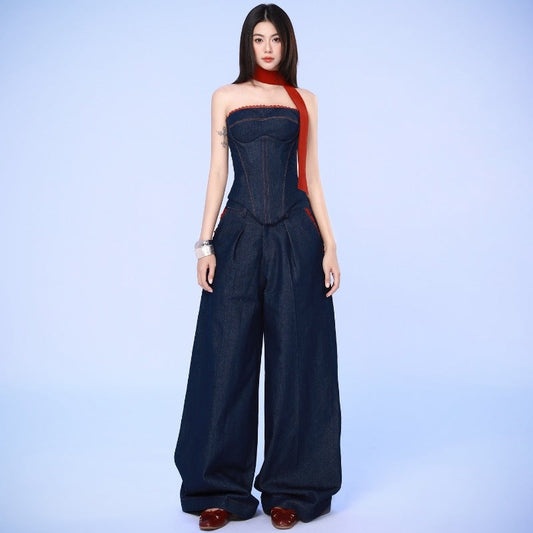 Ins Style 2025 Autumn New Fashion Trendy Denim Bandeau Vest Women Loose Wide Leg Long Pants Set Suit