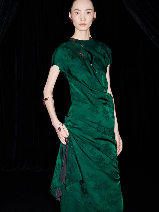 M essential Mackay designer emerald green Jacquard asymmetric top pants set - yellow.