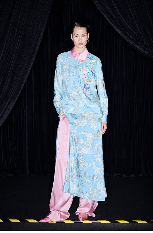 M essential Mackay designer blue pink embroidered contrast lapel shirt pant dress set - halle.