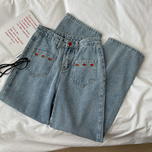 Embroidered Rose Pocket Jeans (Light Denim)