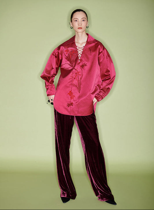 M essential Mackay designer Drunken plum jersey lapel tie loose top - volume.