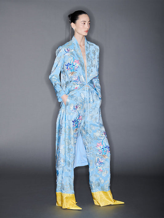 M essential Mackay designer blue butterfly embroidery robe dress pants set - break.