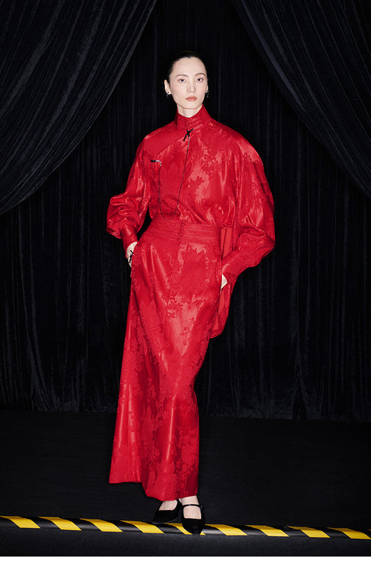 M essential Mackay designer Sand Red Jacquard silhouette shirt skirt suit set- Minoe.