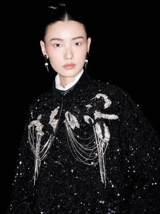 M essential Mackay designer three-dimensional silver orchid catenary beaded jacket - sill.