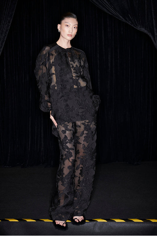 M essential Mackay designer slashed silk-cut semi-sheer lace pant top - indigo.