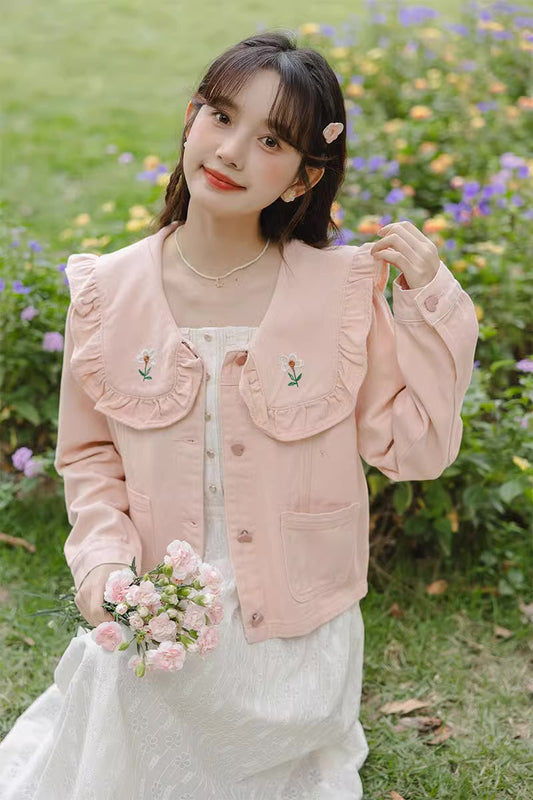 Sweet Heart Flower Embroidered Jacket (Pink)
