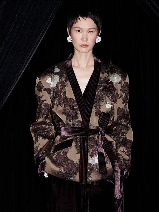 M essential Mackay designer brown tassel beaded broad-shouldered Jacket top - Soliy.