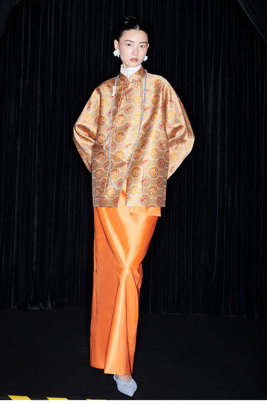 M essential Mackay designer halo stand-up collar jacket orange skirt suit  - Guaida.