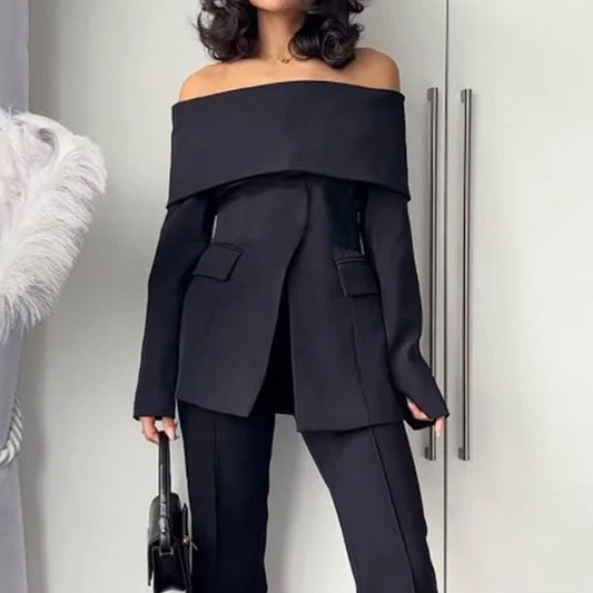2025 Foreign Trade Women���s Suit Set Autumn Fashion Off-The-Shoulder Long Pants Two-Piece Suit