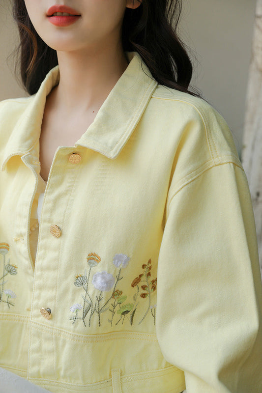 Wildflower Embroidered Cropped Jacket (Yellow)