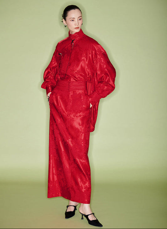 M essential Mackay designer Sand Red Jacquard silhouette shirt skirt suit set- Minoe.