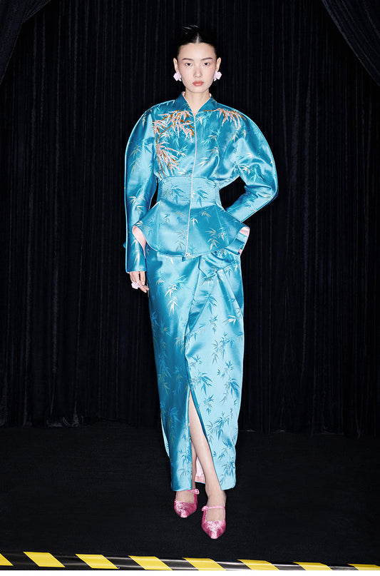 M essential Mackay designer blue Golden Beads Jacket cross skirt - Nialmi.