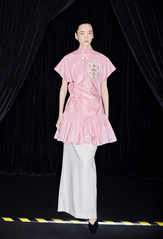 M essential Mackay designer Pink Peach Quilt Pleated Cardigan dress skirt - Lotta.