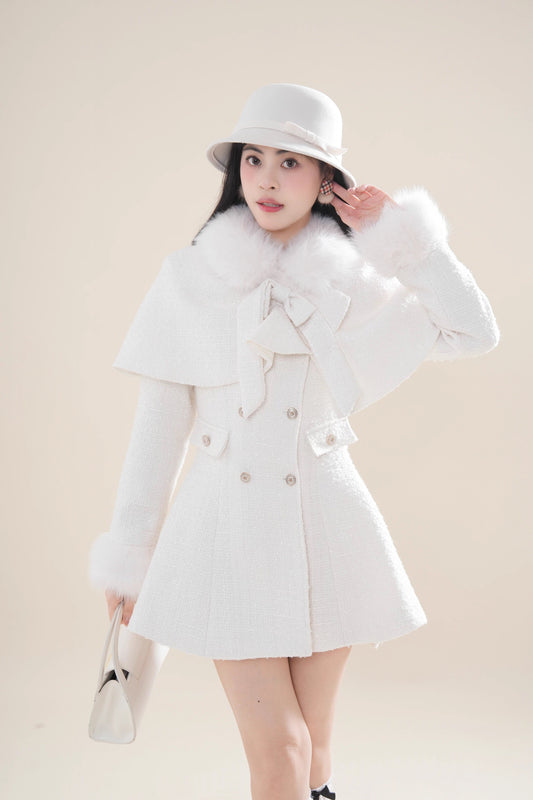 Snow Tweed Capelet Mini Coat Dress (White)