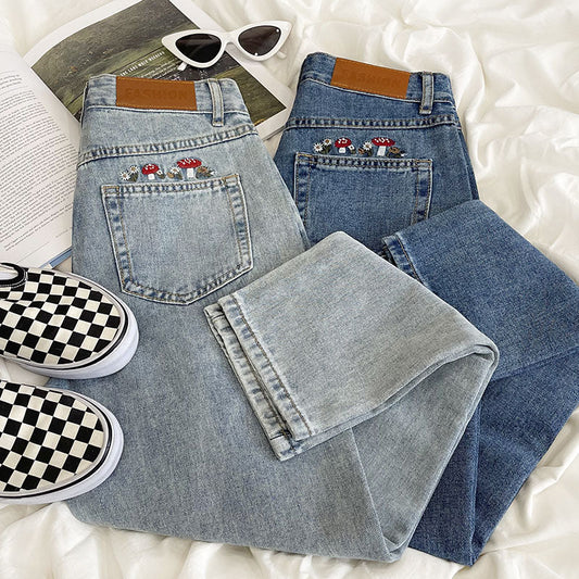 Mushroom Embroidered Mom Jeans (2 Colors)