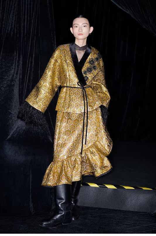 M essential Mackay gold banner jacquard crochet embroidery tunic coat - furbu.