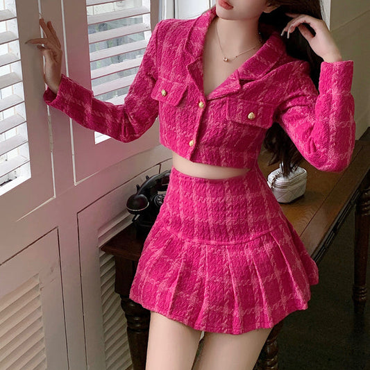 Tweed Plaid Blazer Skirt Set (Hot Pink)