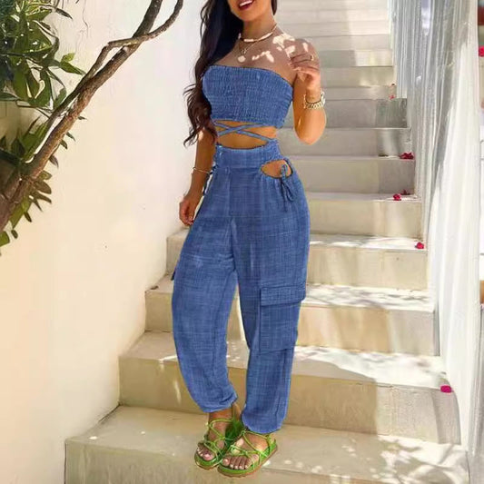 2025 Women���s Wrap Top Tie Workwear Long Pants Pocket Denim Blue Crop Waist Set Suit