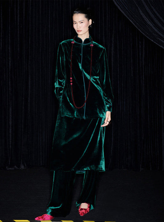 M essential Mackay designer dark green pot-collar shirt top Pant Skirt suit- adam.