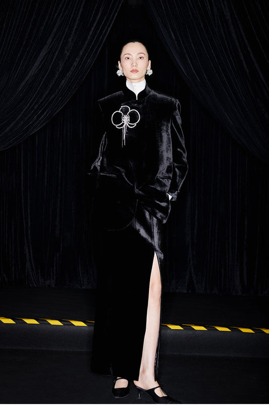 M essential Mackay designer silk tasseled velvet orchid beaded suit jacket slit skirt - stan.