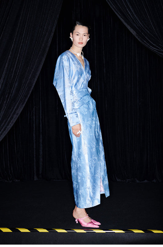 M essential Mackay designer blue Jacquard jumper-cut waist crop top slit skirt set - Janet