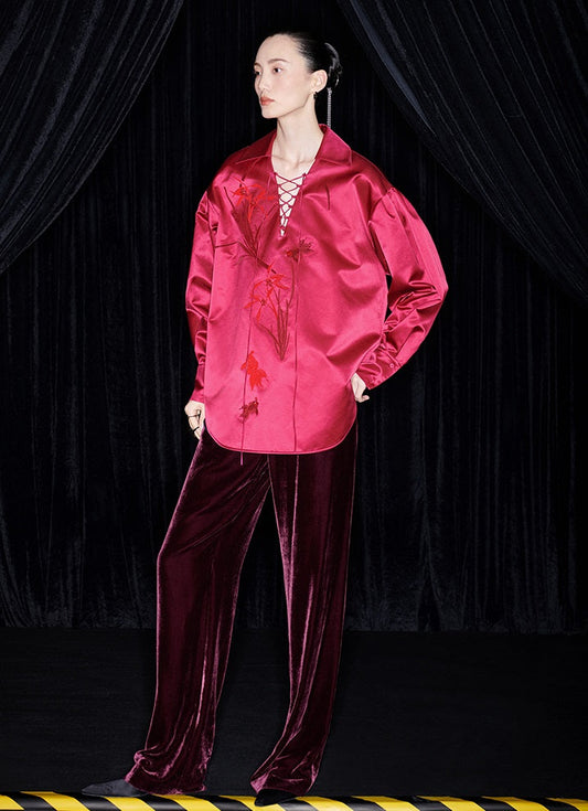 M essential Mackay designer Drunken plum jersey lapel tie loose top - volume.