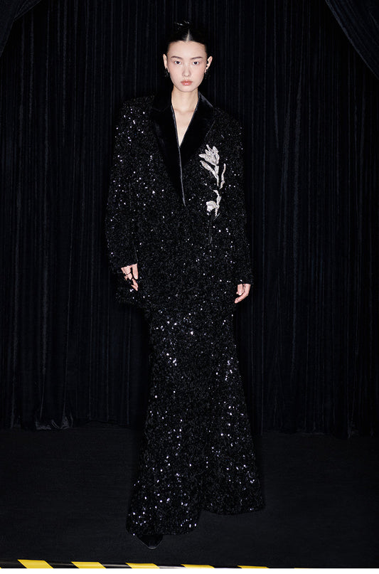 M essential Mackay designer orchid embroidery sequins jacket pencil slit skirt suit - tev.