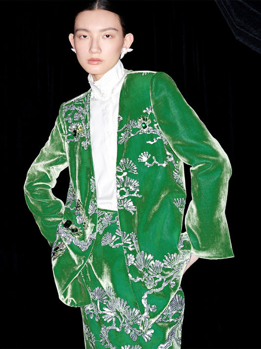 M essential Mackay designer silver-pine velvet-embroidered beaded coat - cain.