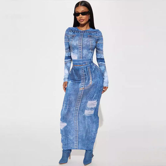 2025 Autumn New Two-Piece Denim Print Round Neck Long Sleeve Top Slim Fit Bodycon Long Skirt Suit