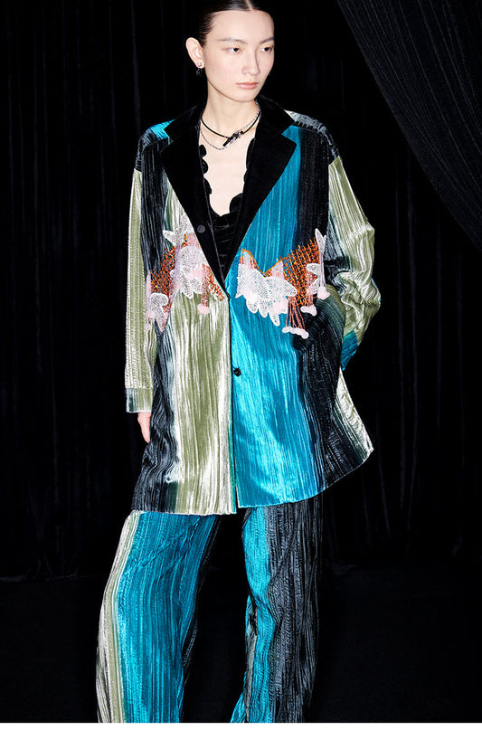 M essential Mackay designer hand-painted velvet tassel-embellished jacket pant set- Sanui.