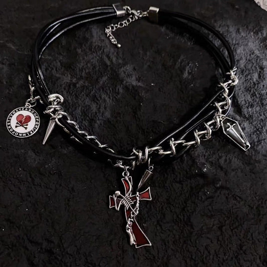 Hip-hop Dark Cross Rivet Triple Leather Chain Personality Necklace