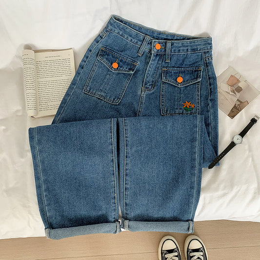 Embroidered Button Pocket Jeans (Medium Denim)